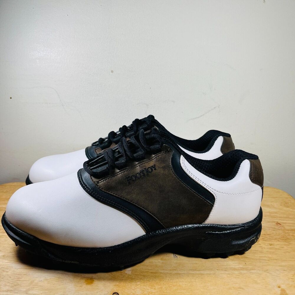 FootJoy GreenJoys Mens Shoes Size 9 White Brown Black Saddle Golf Spikes 45516 - Picture 4 of 10